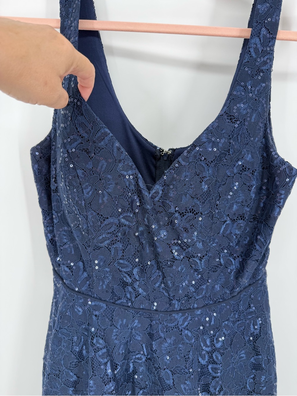 Women's Navy Blue Sequin Lace V Neck Cocktail Mini Dress Junior Sz 11 Wedding - Picture 2 of 9